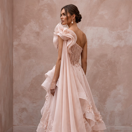 Blush Pink Organza Asymmetrical One - Shoulder Flowing Bridal Gown - Apparel & Accessories > Clothing > Wedding & Bridal Party Dresses > Wedding Dresses - Mignonette Bridal