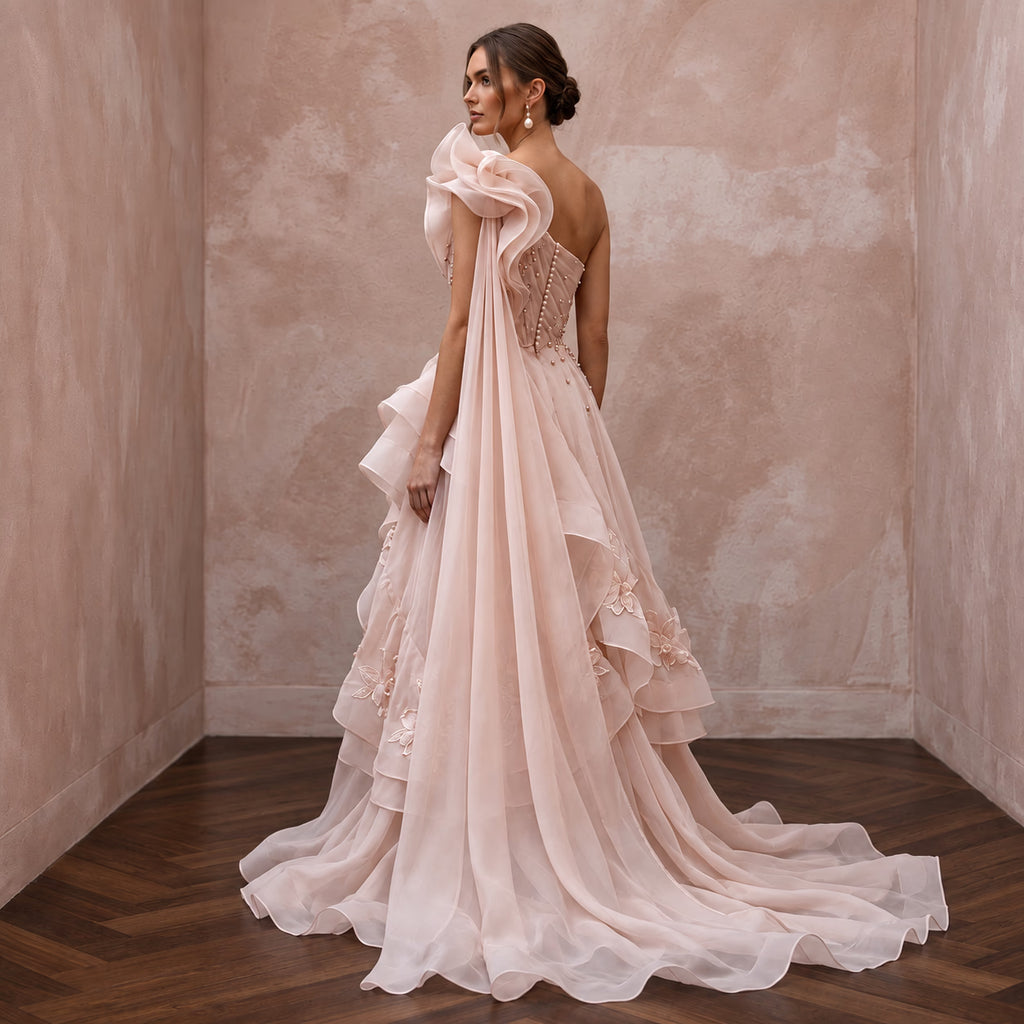 Blush Pink Organza Asymmetrical One - Shoulder Flowing Bridal Gown - Apparel & Accessories > Clothing > Wedding & Bridal Party Dresses > Wedding Dresses - Mignonette Bridal