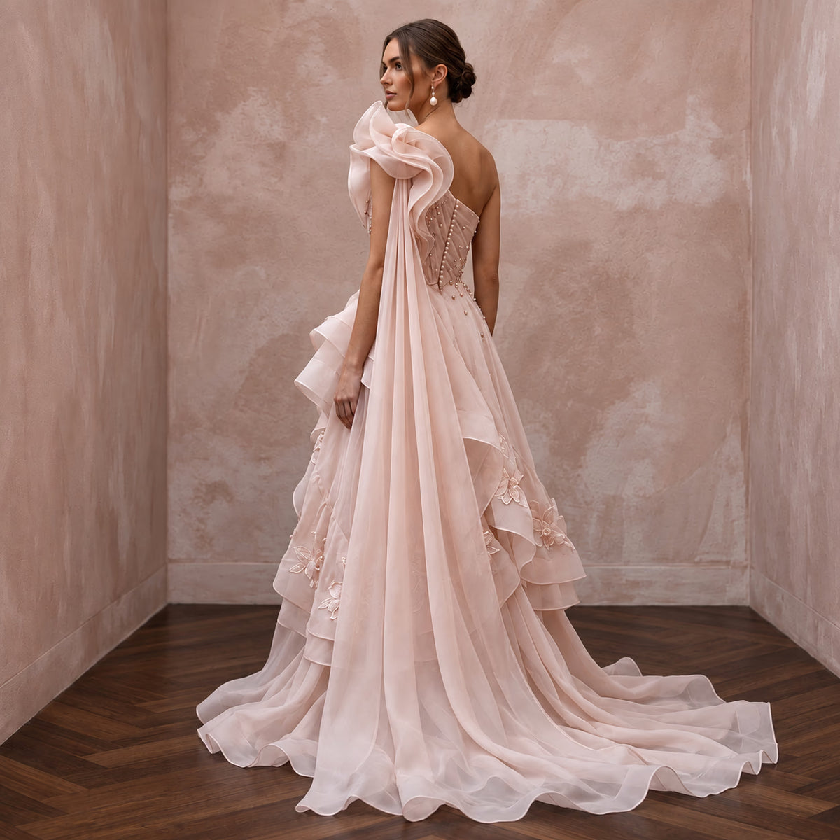 Blush Pink Organza Asymmetrical One - Shoulder Flowing Bridal Gown - Apparel & Accessories > Clothing > Wedding & Bridal Party Dresses > Wedding Dresses - Mignonette Bridal