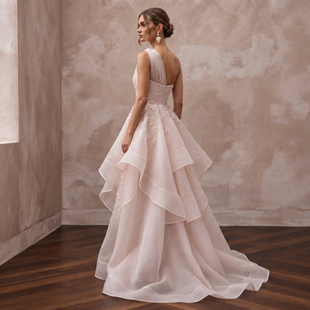 Blush Pink Organza Asymmetrical One-Shoulder Flowing Bridal Gown