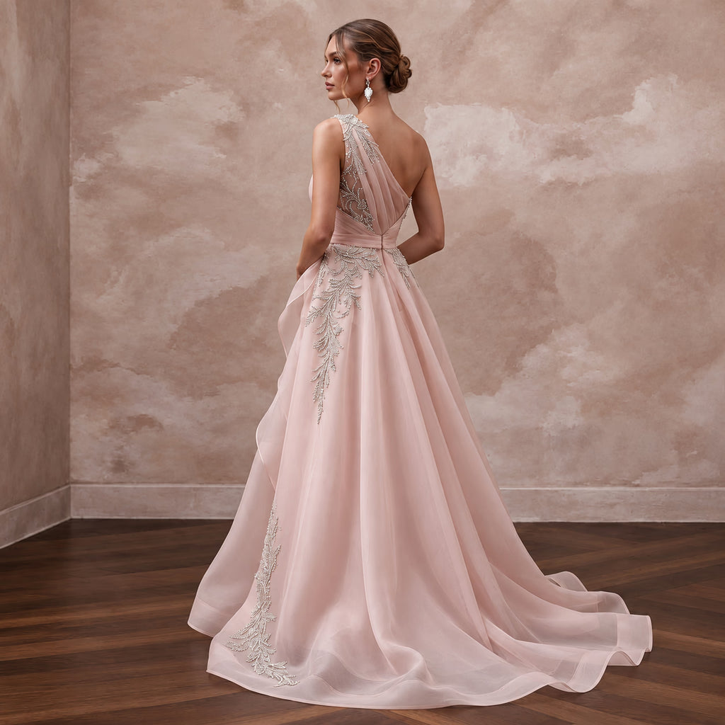 Blush Pink Organza Asymmetrical One-Shoulder Flowing Bridal Gown