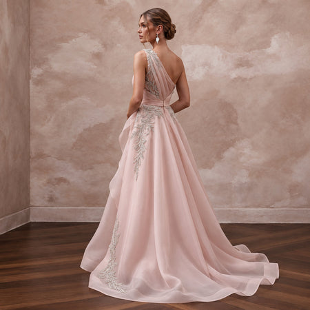 Blush Pink Organza Asymmetrical One-Shoulder Flowing Bridal Gown