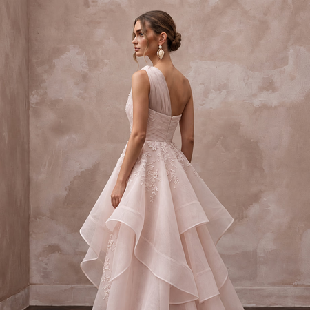 Blush Pink Organza Asymmetrical One-Shoulder Flowing Bridal Gown