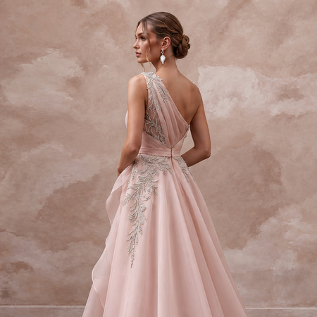 Blush Pink Organza Asymmetrical One-Shoulder Flowing Bridal Gown