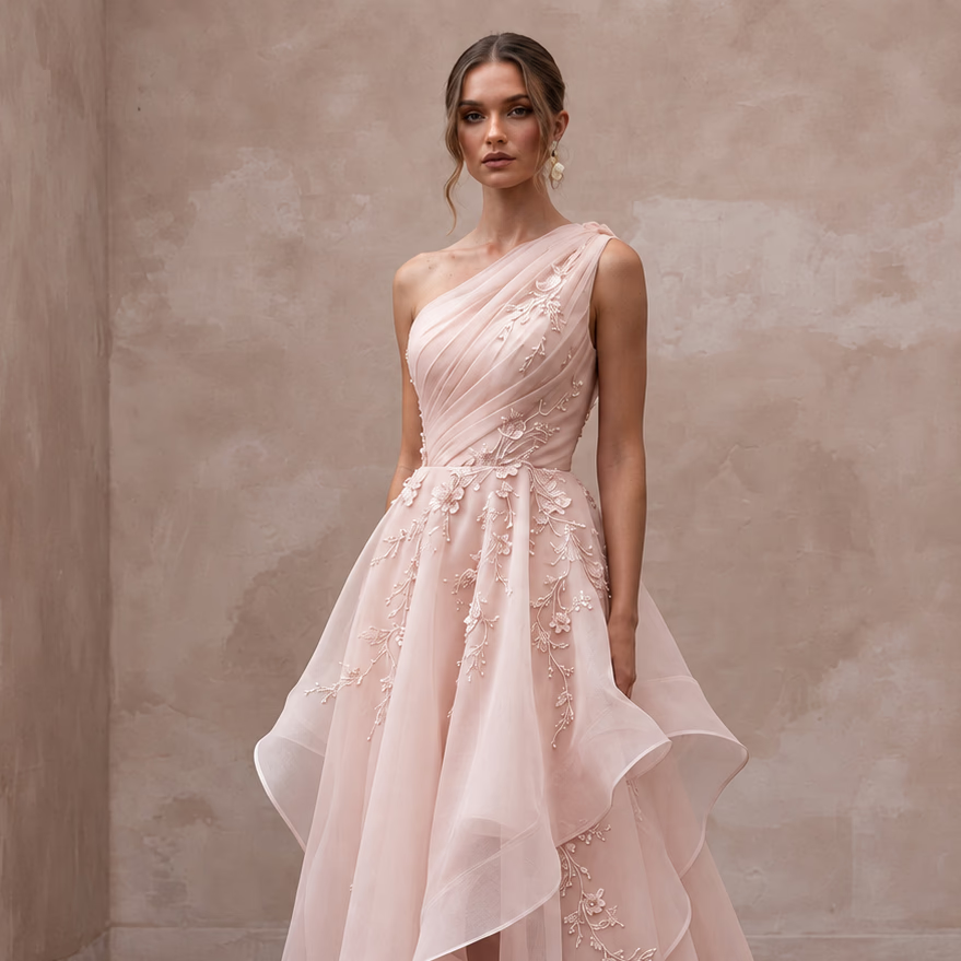 Blush Pink Organza Asymmetrical One-Shoulder Flowing Bridal Gown
