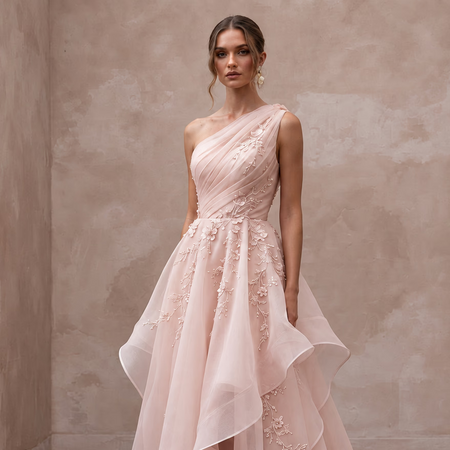 Blush Pink Organza Asymmetrical One-Shoulder Flowing Bridal Gown