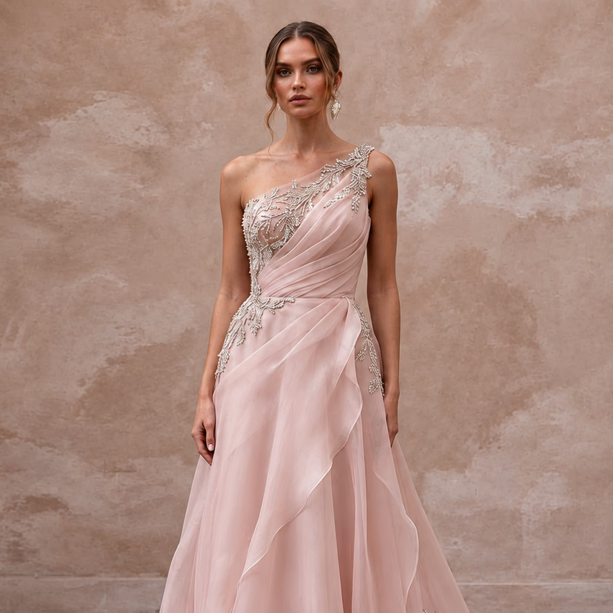 Blush Pink Organza Asymmetrical One-Shoulder Flowing Bridal Gown