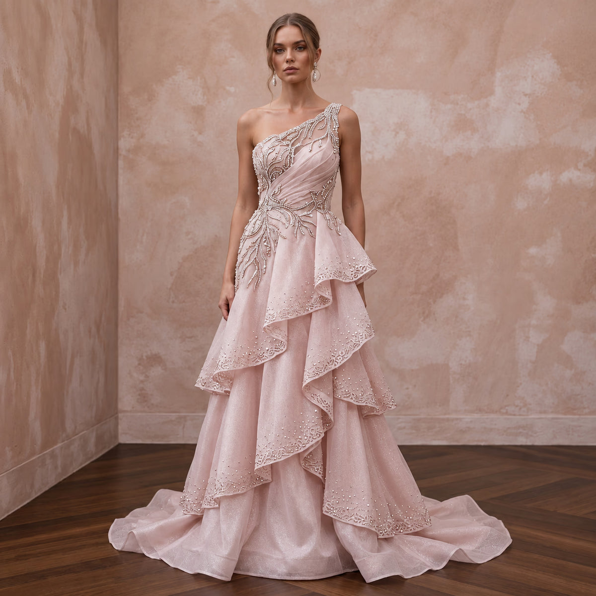 Blush Pink Shimmer Organza Asymmetrical One-Shoulder Bridal Gown Main image