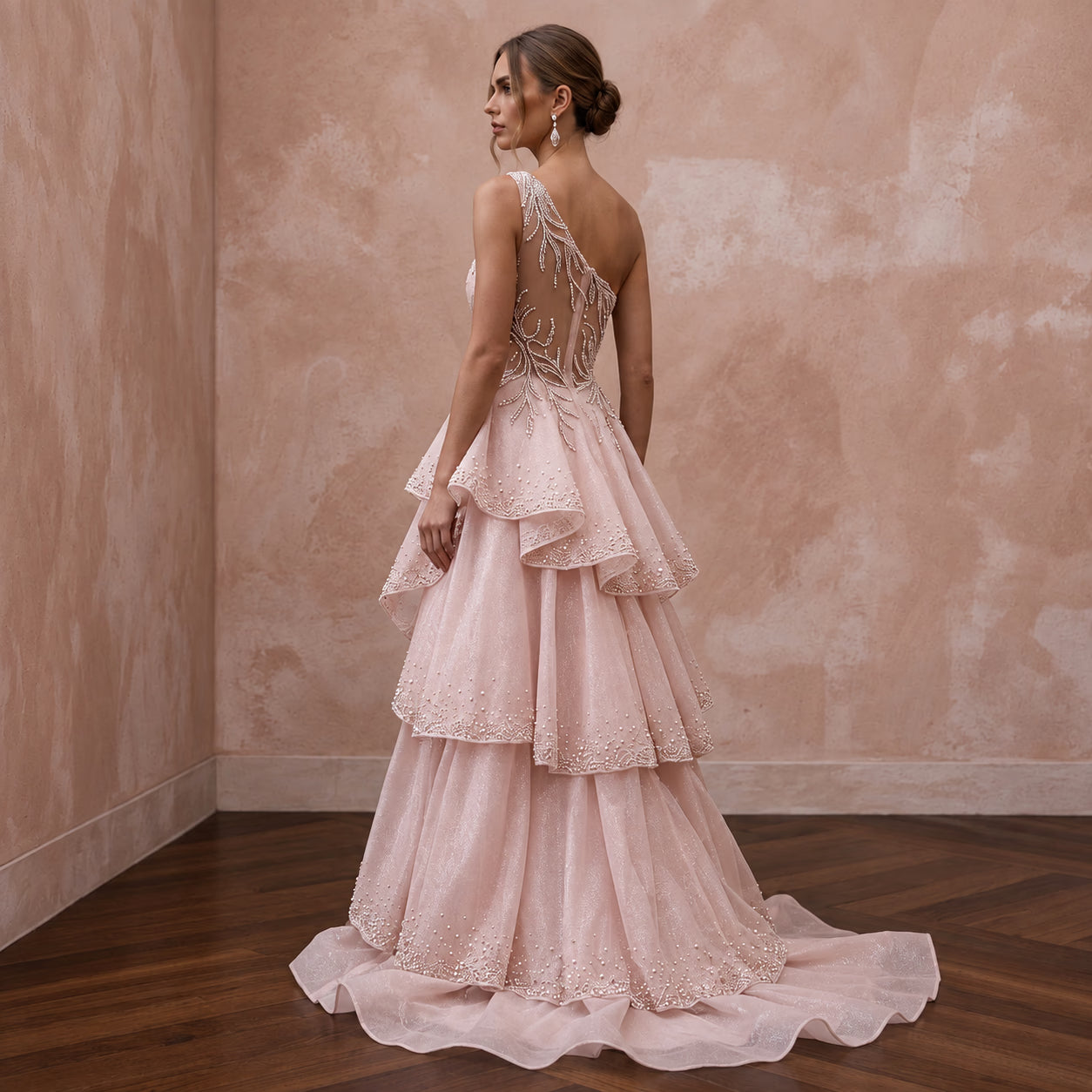 Blush Pink Shimmer Organza Asymmetrical One-Shoulder Bridal Gown Secondary image
