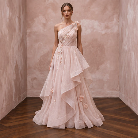 Blush Pink Shimmer Tulle One-Shoulder Asymmetrical Bridal Gown