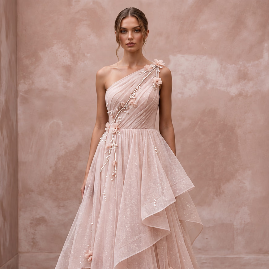 Blush Pink Shimmer Tulle One-Shoulder Asymmetrical Bridal Gown