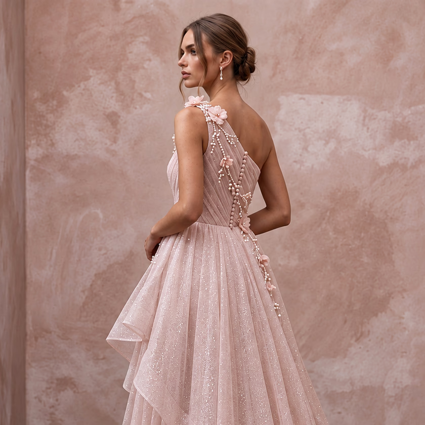 Blush Pink Shimmer Tulle One-Shoulder Asymmetrical Bridal Gown