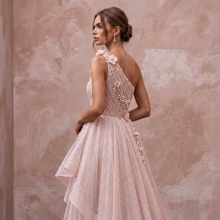 Blush Pink Shimmer Tulle One-Shoulder Asymmetrical Bridal Gown