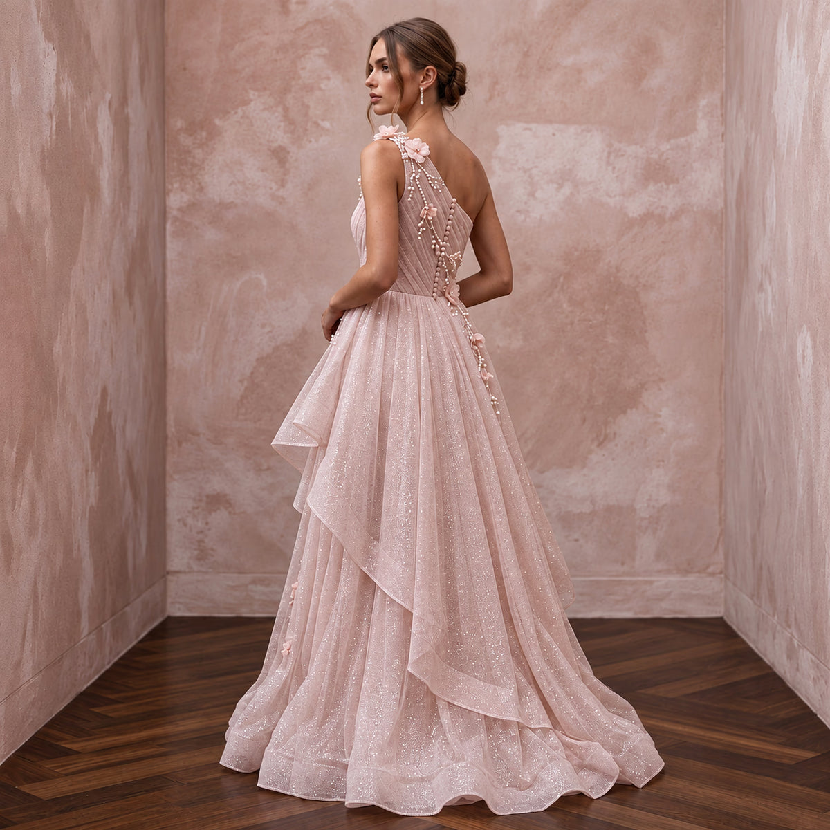 Blush Pink Shimmer Tulle One-Shoulder Asymmetrical Bridal Gown