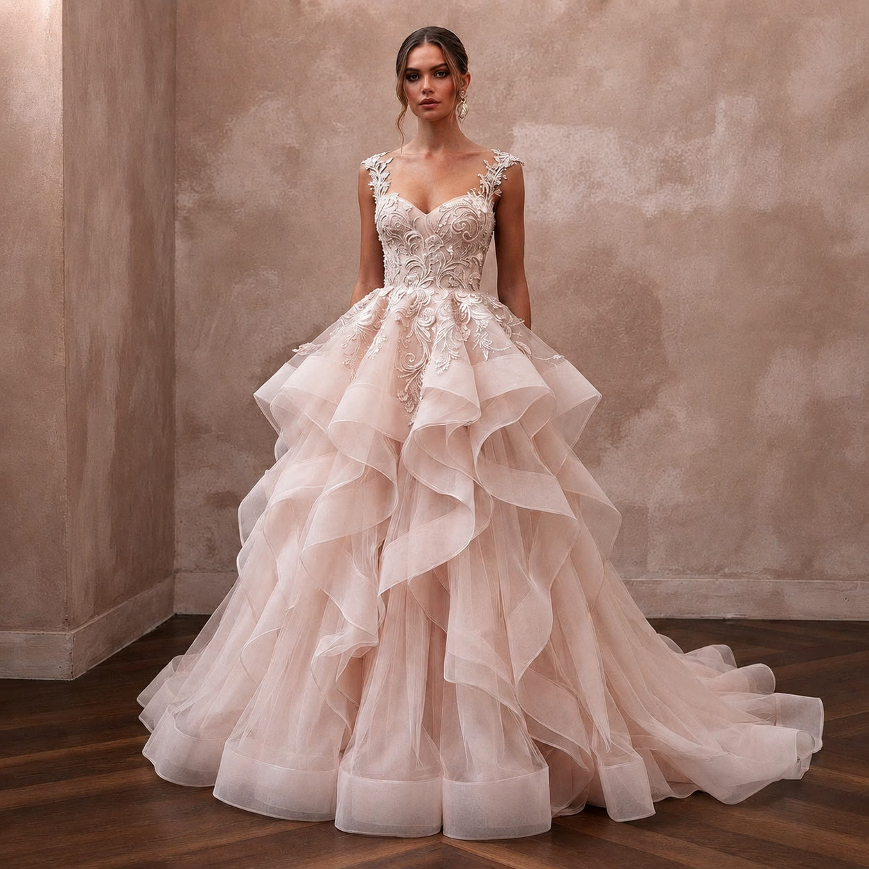 Blush Pink Wedding Dresses with Soft Romantic Layers - Apparel & Accessories > Clothing > Wedding & Bridal Party Dresses > Wedding Dresses - Mignonette