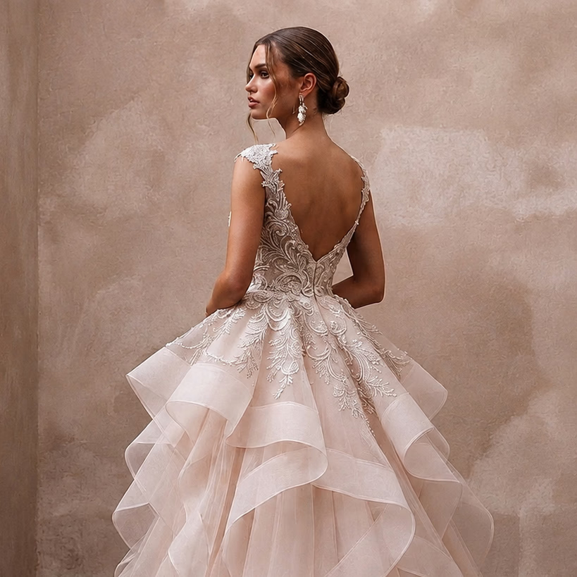 Blush Pink Wedding Dresses with Soft Romantic Layers - Apparel & Accessories > Clothing > Wedding & Bridal Party Dresses > Wedding Dresses - Mignonette