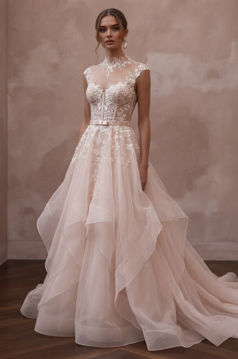 Blush Wedding Dresses with Romantic Organza Layers - Apparel & Accessories > Clothing > Wedding & Bridal Party Dresses > Wedding Dresses - Mignonette