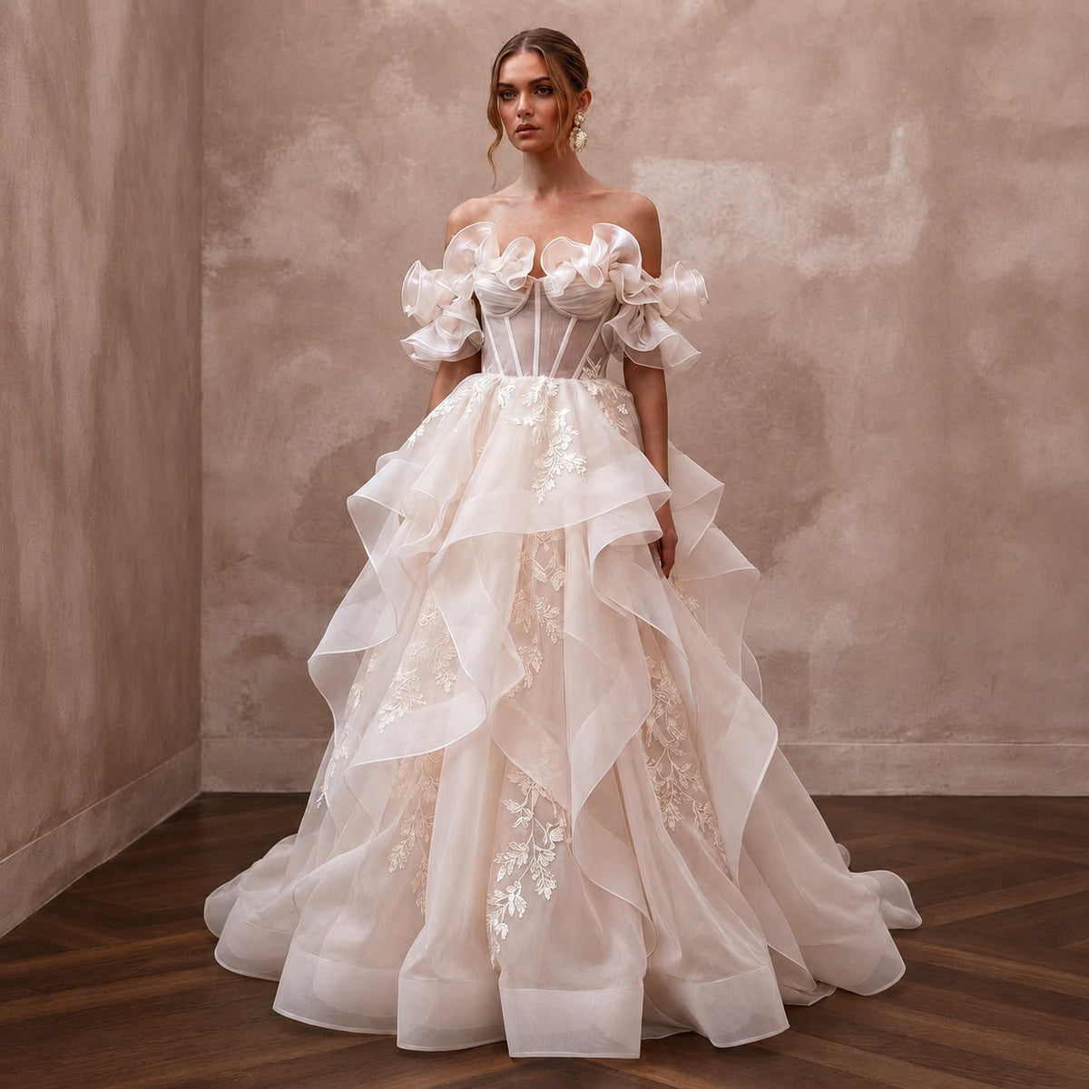 Blush Wedding Dresses with Romantic Organza Layers - Apparel & Accessories > Clothing > Wedding & Bridal Party Dresses > Wedding Dresses - Mignonette Bridal Main image