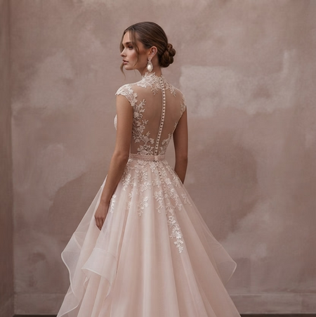 Blush Wedding Dresses with Romantic Organza Layers - Apparel & Accessories > Clothing > Wedding & Bridal Party Dresses > Wedding Dresses - Mignonette