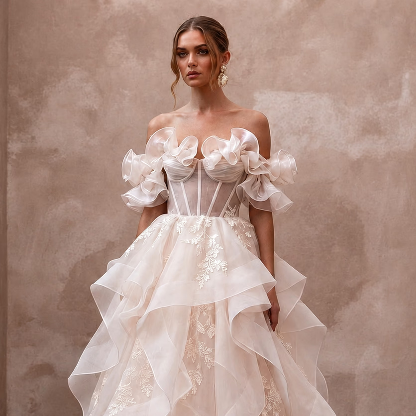 Blush Wedding Dresses with Romantic Organza Layers - Apparel & Accessories > Clothing > Wedding & Bridal Party Dresses > Wedding Dresses - Mignonette Bridal