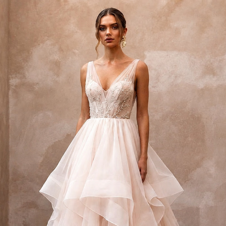 Blush Wedding Dresses with Soft Organza Layers - Apparel & Accessories > Clothing > Wedding & Bridal Party Dresses > Wedding Dresses - Mignonette Bridal