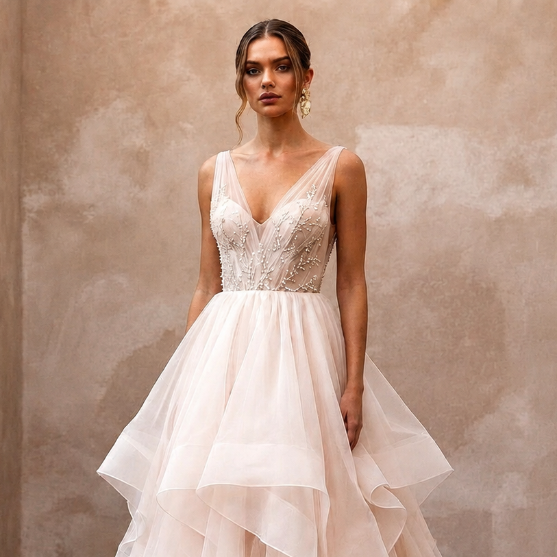 Blush Wedding Dresses with Soft Organza Layers