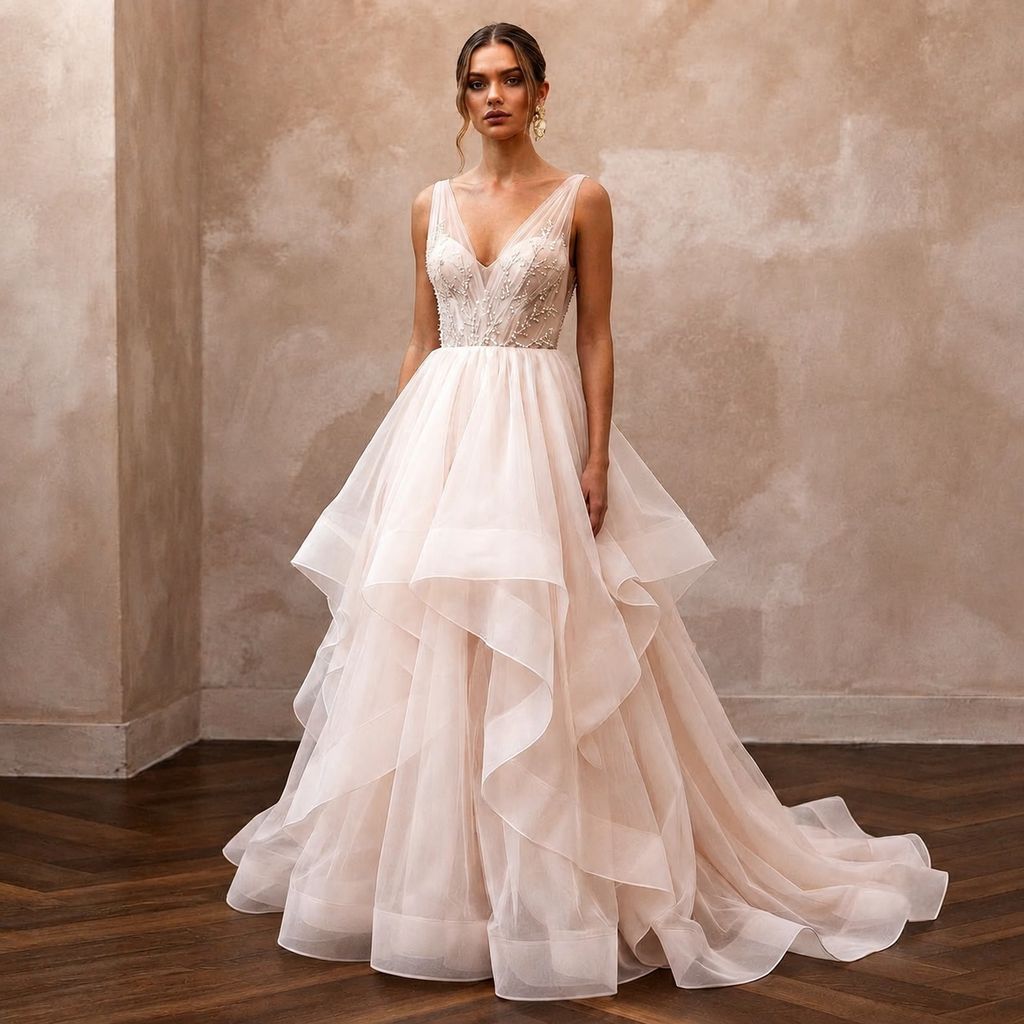Blush Wedding Dresses with Soft Organza Layers - Apparel & Accessories > Clothing > Wedding & Bridal Party Dresses > Wedding Dresses - Mignonette Bridal
