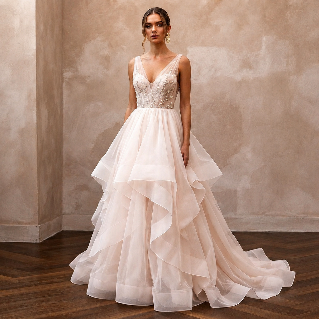 Blush Wedding Dresses with Soft Organza Layers