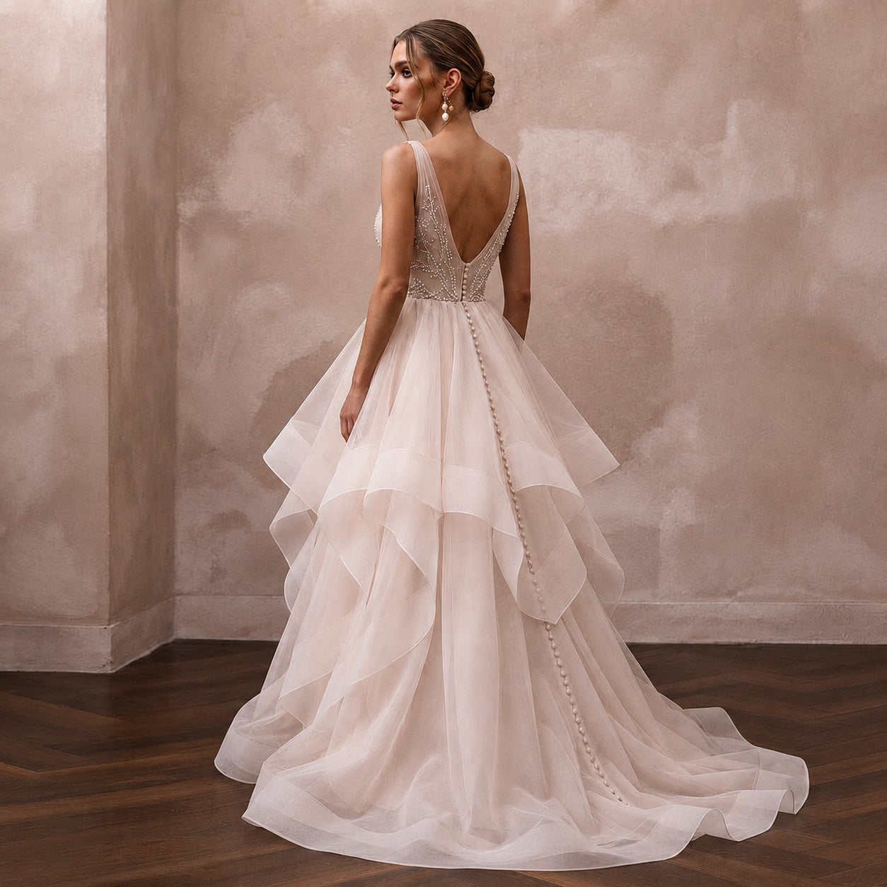 Blush Wedding Dresses with Soft Organza Layers - Apparel & Accessories > Clothing > Wedding & Bridal Party Dresses > Wedding Dresses - Mignonette Bridal