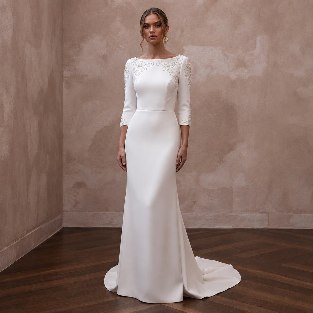 Boat Neck Wedding Dresses with Timeless Sophistication - Apparel & Accessories > Clothing > Wedding & Bridal Party Dresses > Wedding Dresses - Mignonette Bridal