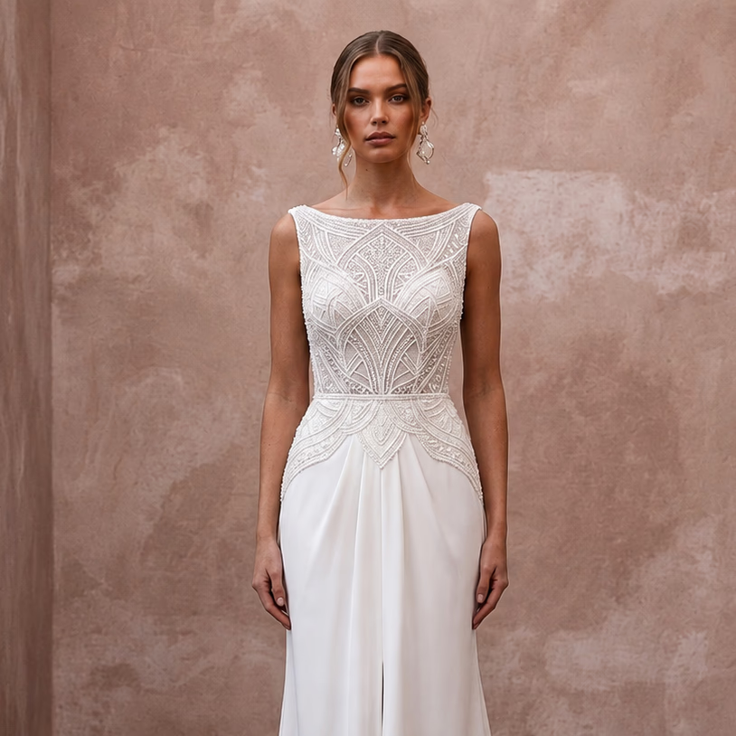 Boat Neck Wedding Dresses with Timeless Sophistication - Apparel & Accessories > Clothing > Wedding & Bridal Party Dresses > Wedding Dresses - Mignonette Bridal
