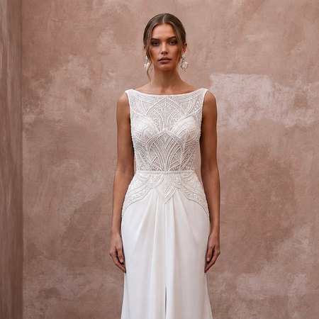Boat Neck Wedding Dresses with Timeless Sophistication - Apparel & Accessories > Clothing > Wedding & Bridal Party Dresses > Wedding Dresses - Mignonette Bridal