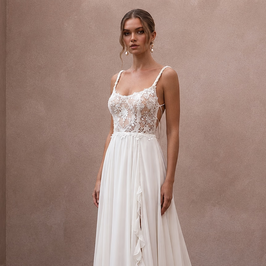 Bohemian Chiffon Bridal Dress for a Destination Beach Wedding - Apparel & Accessories > Clothing > Wedding & Bridal Party Dresses > Wedding Dresses - Mignonette Bridal