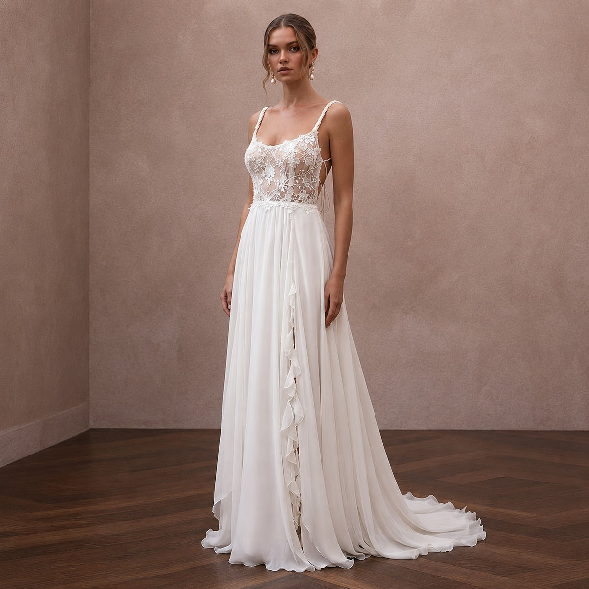 Bohemian Chiffon Bridal Dress for a Destination Beach Wedding - Apparel & Accessories > Clothing > Wedding & Bridal Party Dresses > Wedding Dresses - Mignonette Bridal Main image
