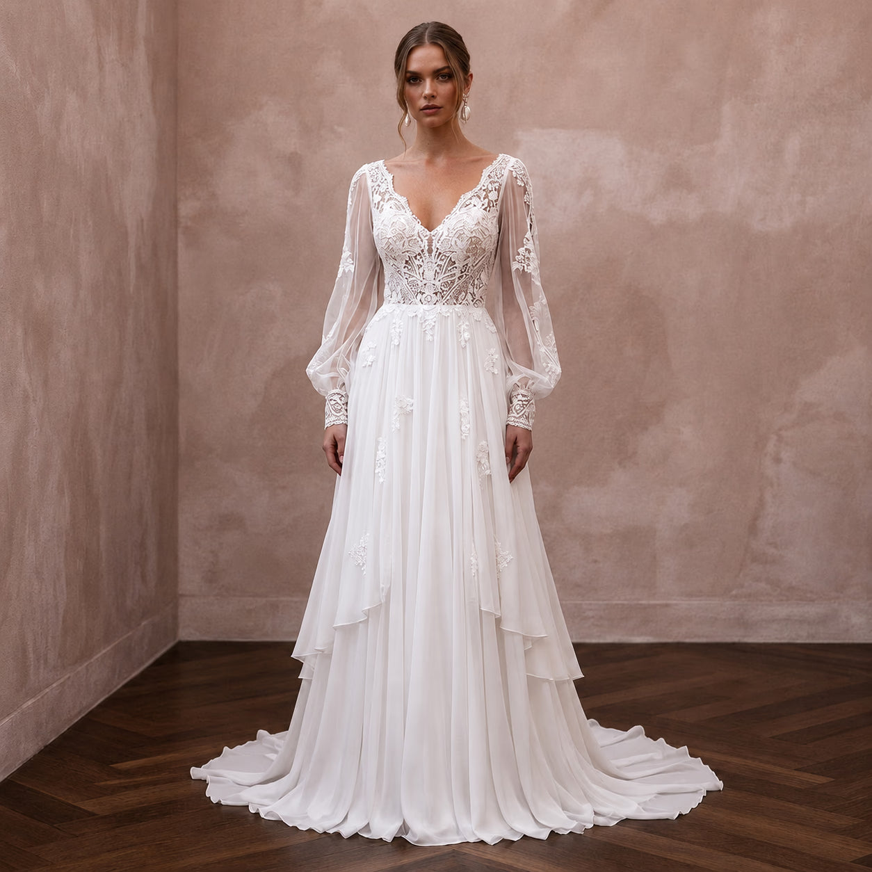 Bohemian Chiffon Bridal Gown with Lace Bodice for a Rustic Ceremony