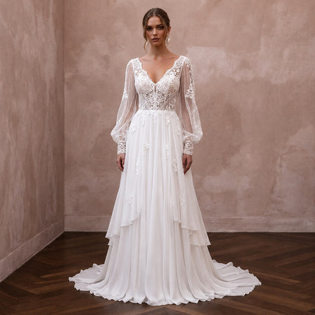 Bohemian Chiffon Bridal Gown with Lace Bodice for a Rustic Ceremony