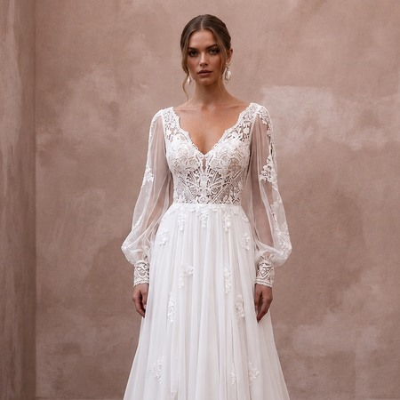 Bohemian Chiffon Bridal Gown with Lace Bodice for a Rustic Ceremony