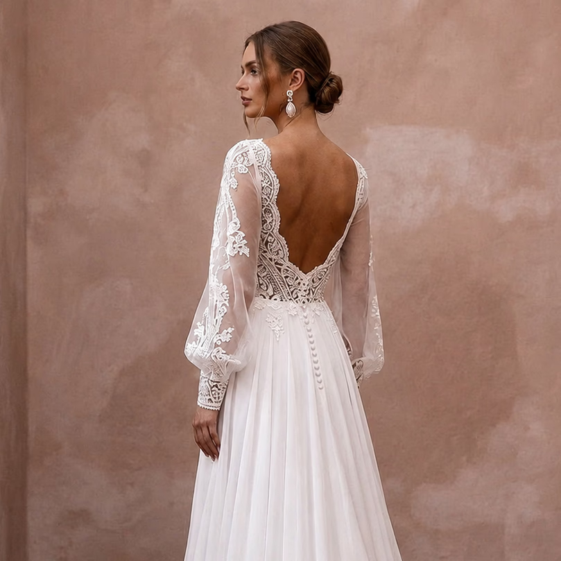 Bohemian Chiffon Bridal Gown with Lace Bodice for a Rustic Ceremony