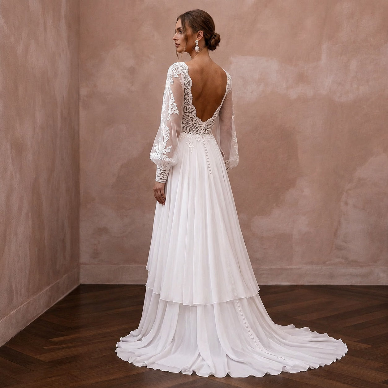 Bohemian Chiffon Bridal Gown with Lace Bodice for a Rustic Ceremony