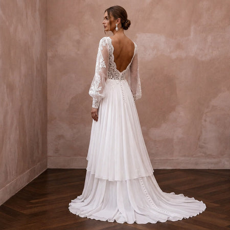 Bohemian Chiffon Bridal Gown with Lace Bodice for a Rustic Ceremony