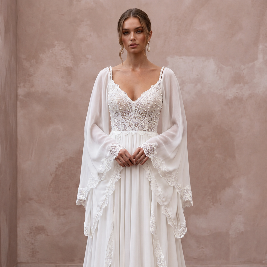 Bohemian Chiffon Wedding Gown with Bell Sleeves