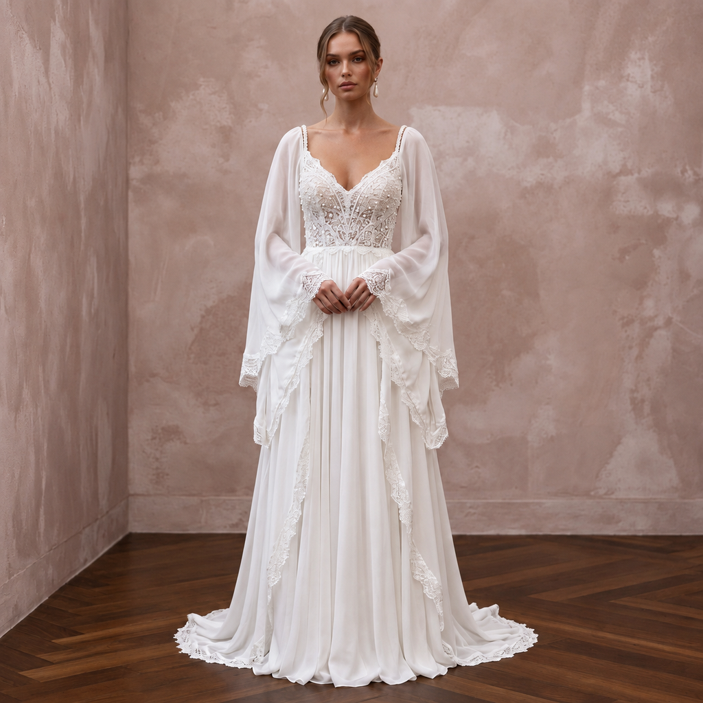 Bohemian Chiffon Wedding Gown with Bell Sleeves