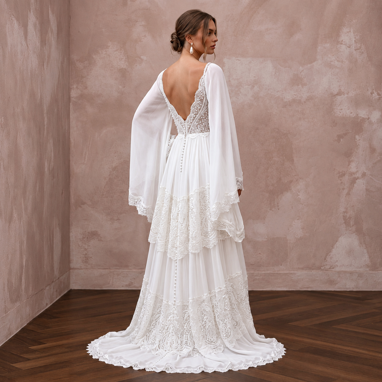 Bohemian Chiffon Wedding Gown with Bell Sleeves Secondary image