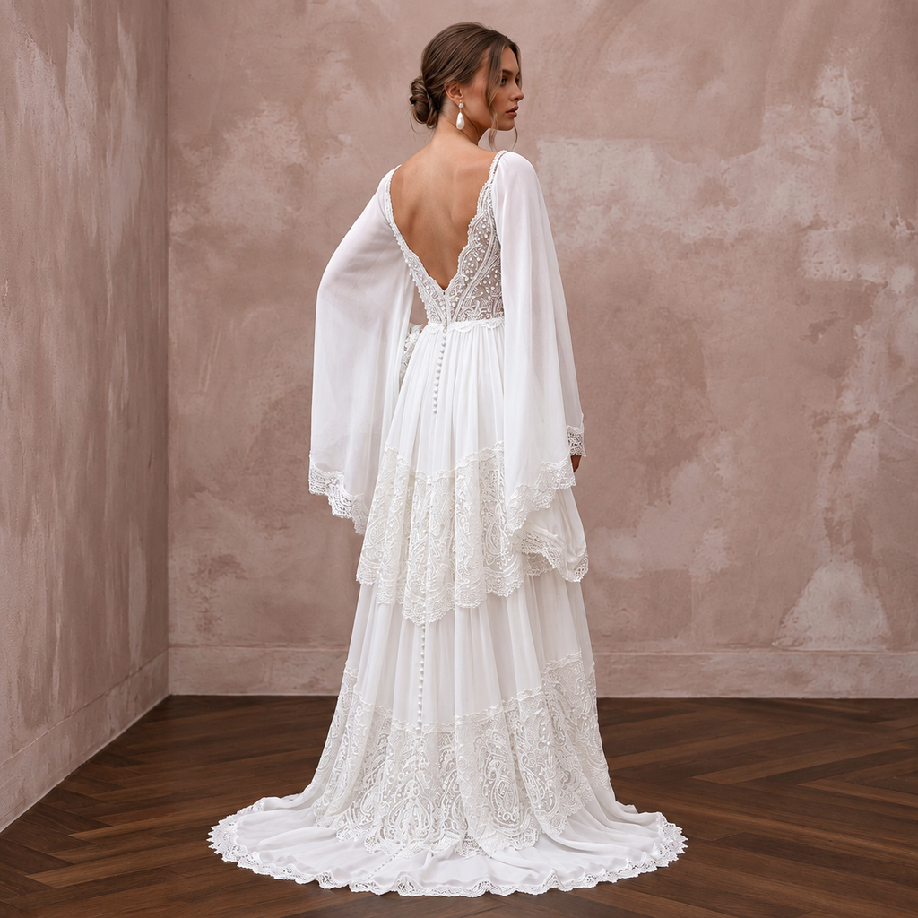 Bohemian Chiffon Wedding Gown with Bell Sleeves