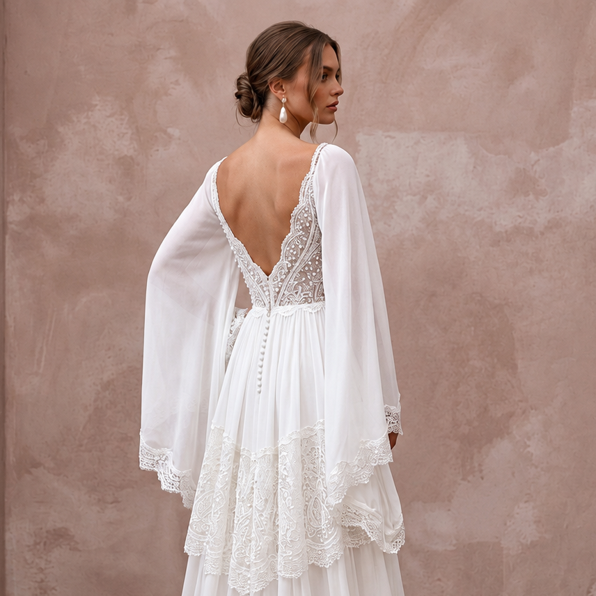 Bohemian Chiffon Wedding Gown with Bell Sleeves