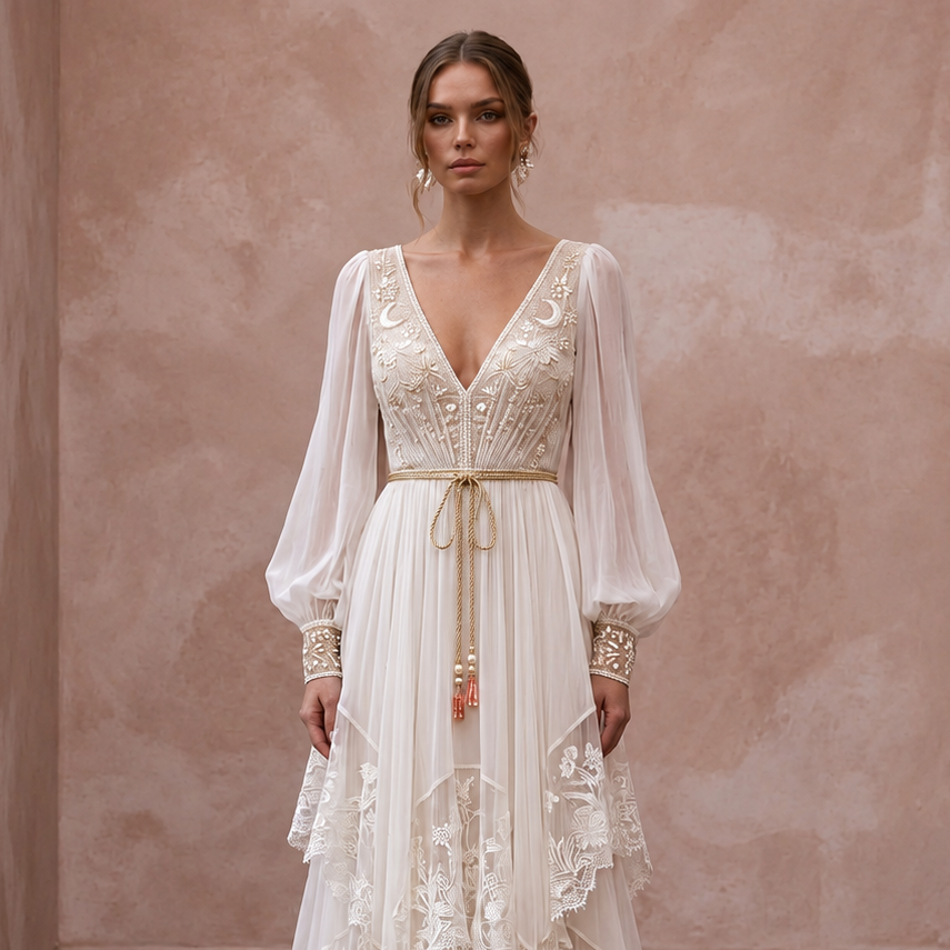 Bohemian Chiffon Wedding Gown with V-Neck