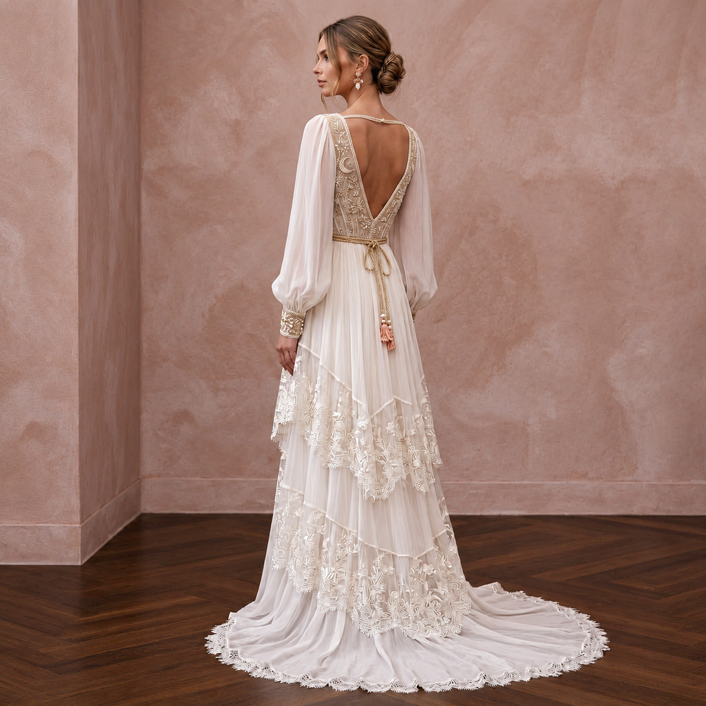 Bohemian Chiffon Wedding Gown with V-Neck