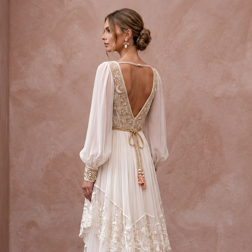 Bohemian Chiffon Wedding Gown with V-Neck