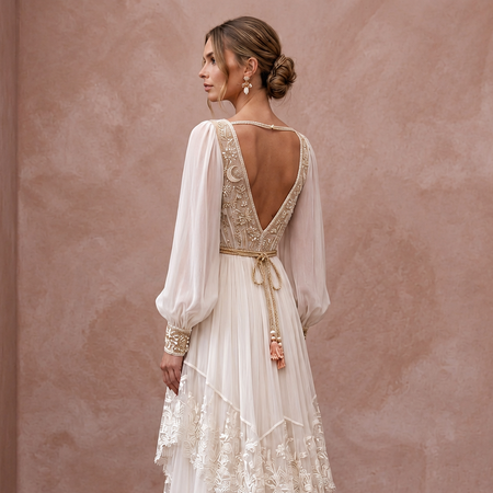 Bohemian Chiffon Wedding Gown with V-Neck