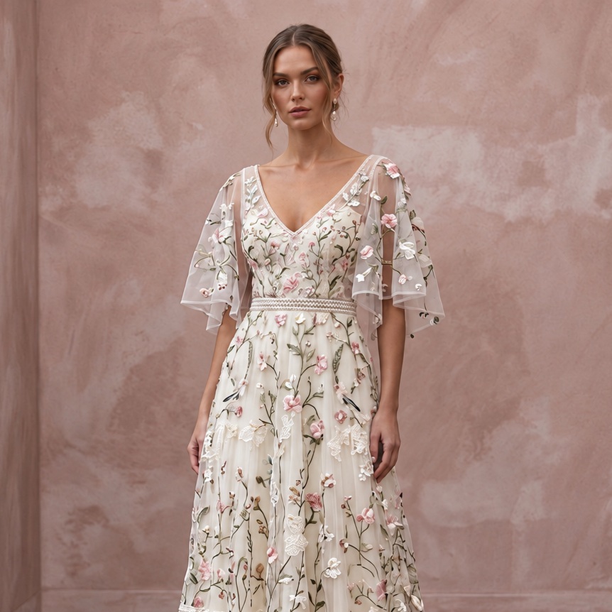 Bohemian Floral Wedding Dress with Flutter Sleeves